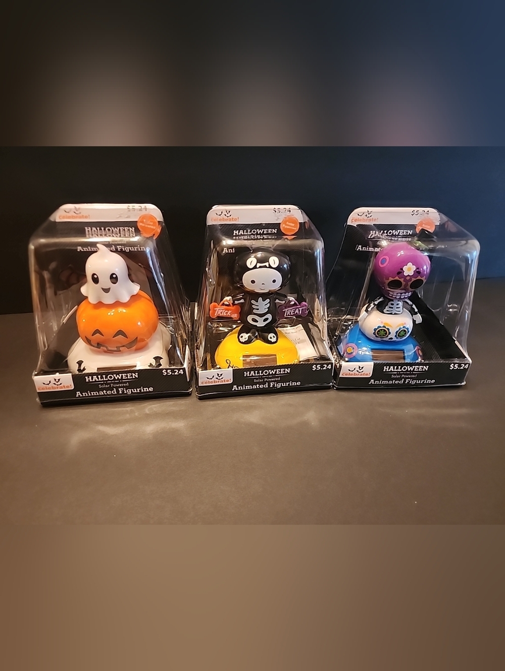 NIB,3 Animated Figurines, Cat Skeleton, Ghost, Day of Dead, Solar, Head Bobbles